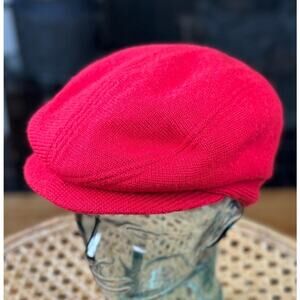 Vintage Newsboy Hat, Red 1980s Knit Newsboy Cap,  80s Hat, Red Brim Knit Cap
